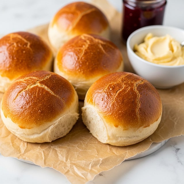 The image shows four round, golden brown bread rolls with a soft, shiny crust, placed on crumpled brown parchment paper on a white marbled surface. The bread looks fluffy inside with a slightly crisp top. Next to the rolls, on the right side, there is a small white bowl filled with a light yellow spread or butter, and behind it, a small jar of dark red jam can be seen. The overall setting gives a fresh, homemade feeling. Photo taken with an iphone --ar 4:5 --v 7