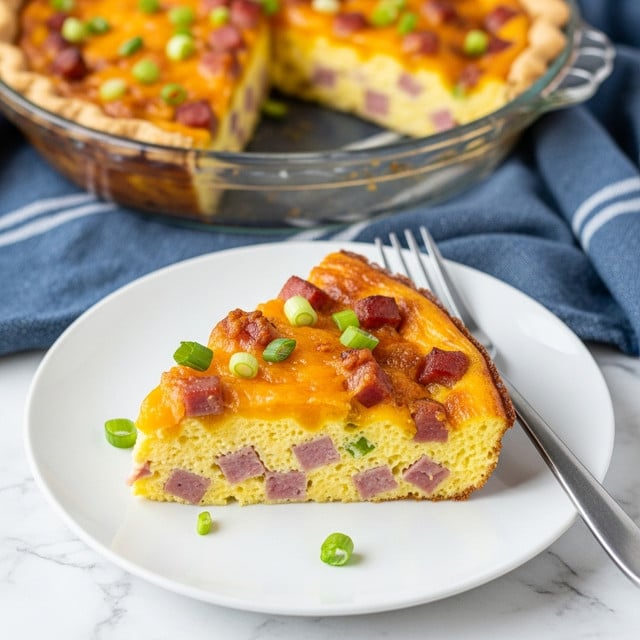 A single slice of baked egg casserole sits in the center of a white plate, showing three main layers: a golden, crispy cheese and bacon top layer with bits of browned edges, a middle light yellow fluffy egg layer mixed with small green onion pieces, and a bottom layer of light, soft potatoes. The slice is sprinkled with bright green chopped scallions on top and around the plate. A gold fork rests behind the slice on the plate. In the background, a glass round pie dish holds the rest of the casserole with a browned top. There is a blue cloth with white stripes under the dish, all placed on a white marbled surface. photo taken with an iphone --ar 4:5 --v 7