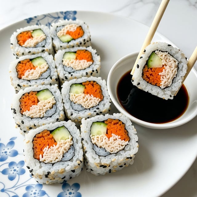 A close-up view of eight sushi rolls arranged on a white plate with a blue floral pattern, placed on a white marbled surface. Each sushi roll shows three distinct layers: an outer layer of white rice sprinkled with black sesame seeds, a middle thin dark green layer of seaweed, and an inner filling with pale beige shredded crab meat mixed with bright orange strips and fresh green cucumber slices. Two light brown wooden chopsticks are holding one sushi roll on the right side above a small white dish filled with dark soy sauce. photo taken with an iphone --ar 4:5 --v 7