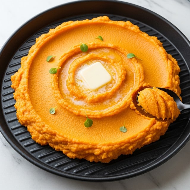 A close-up of a single layer of orange mashed sweet potatoes spread evenly inside a round black pan with a smooth texture and gentle ridges. On top, there is a small square of melting butter, white in color, and a few small green herb leaves scattered around for garnish. A black spoon is scooping up some of the mashed potatoes near the edge, showing the thick and creamy consistency. The setting is on a soft white marbled textured surface. photo taken with an iphone --ar 4:5 --v 7