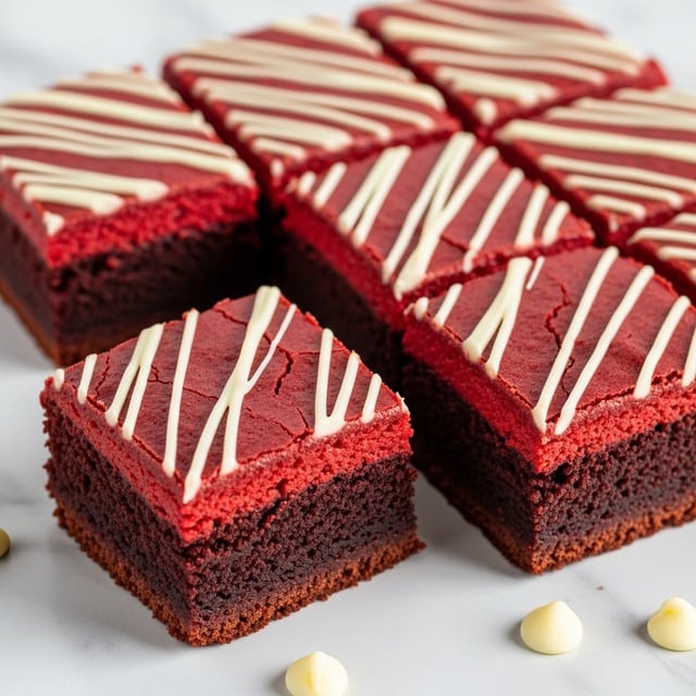 The image shows rich red velvet brownies cut into squares, with one square slightly lifted to show the inside. Each brownie has two layers: a thick, moist, dark red inner cake layer at the bottom, and a smooth, glossy bright red top layer with cracks. White chocolate drizzle is spread diagonally over the top, some thicker and some thin. The brownies are placed directly on a white marbled surface with a few white chocolate chips scattered around. Photo taken with an iphone --ar 4:5 --v 7