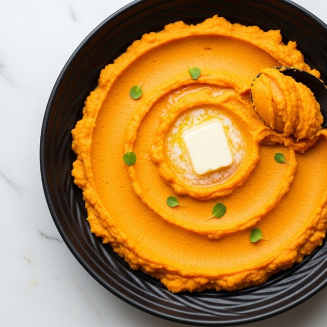 A round shallow black bowl filled with one thick layer of orange mashed sweet potatoes with a creamy, slightly grainy texture. On top near the center, there is a square pat of melting white butter and a few small green herb leaves scattered around. A black spoon is scooping out some of the mash from the right side, showing the soft and smooth inside of the sweet potatoes. The bowl is placed on a white marbled surface. photo taken with an iphone --ar 4:5 --v 7