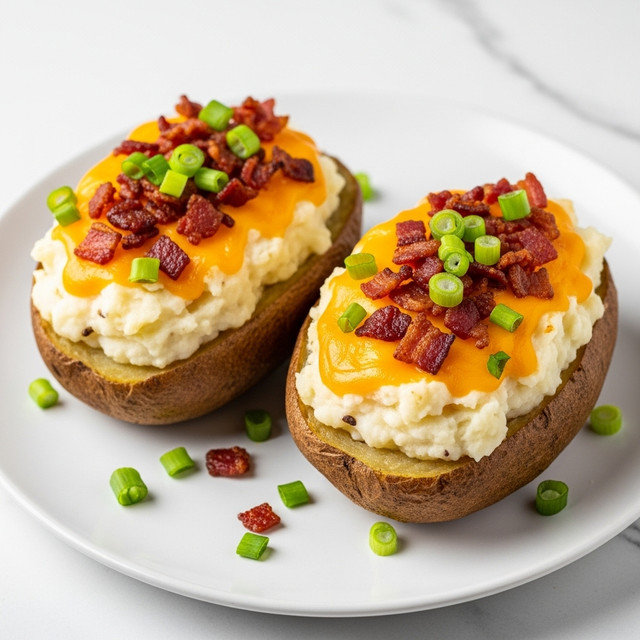A close-up of two potato skins on a white plate with a white marbled surface; each potato skin has a rough brown outer shell filled with a soft mashed white potato layer inside, topped with bright yellow melted cheddar cheese, small pieces of crispy dark brown bacon, and chopped fresh green chives scattered on top and around the plate. photo taken with an iphone --ar 4:5 --v 7