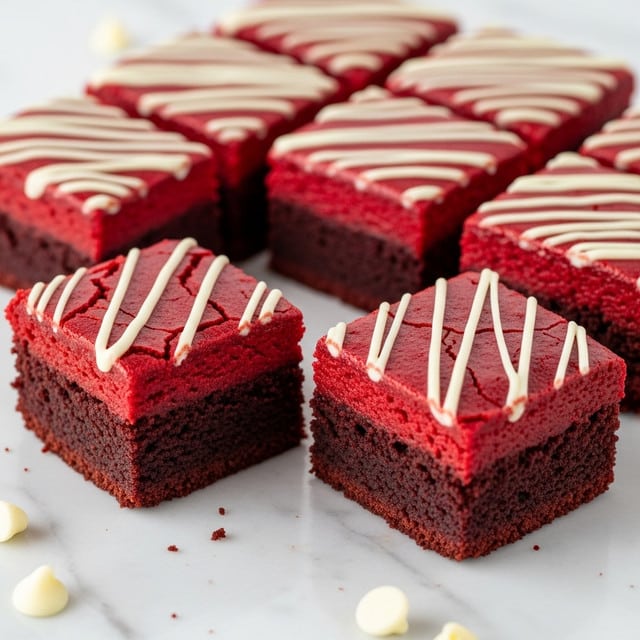 The image shows square red velvet brownies arranged on a white marbled surface lined with parchment paper. Each brownie has a rich, deep red color with a slightly cracked top layer and is decorated with thin, white, smooth icing drizzled in diagonal lines across the surface. One brownie is lifted slightly above the others, revealing a moist, dense, dark red interior with a soft texture. White chocolate chips are scattered around the brownies on the white marbled surface. Photo taken with an iphone --ar 4:5 --v 7