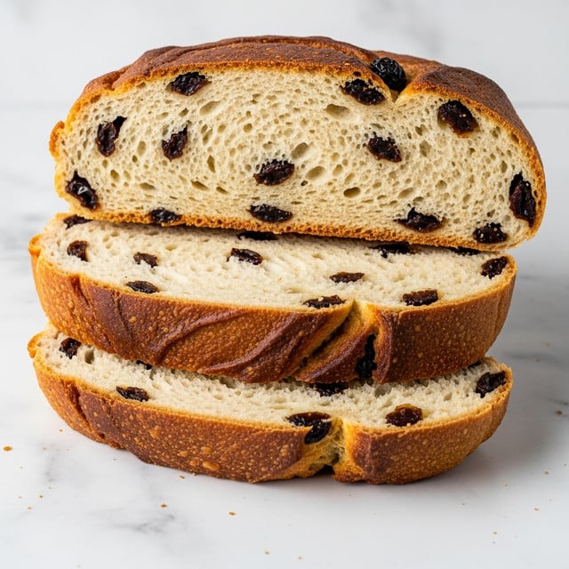 The image shows three slices of raisin bread stacked on top of each other against a white marbled background. The bread has a golden-brown crust with a soft, light beige inside dotted with dark raisins. The texture of the bread looks soft and slightly fluffy, with visible air holes. The slices are thick and slightly uneven, showing the homemade quality of the loaf. Photo taken with an iphone --ar 4:5 --v 7
