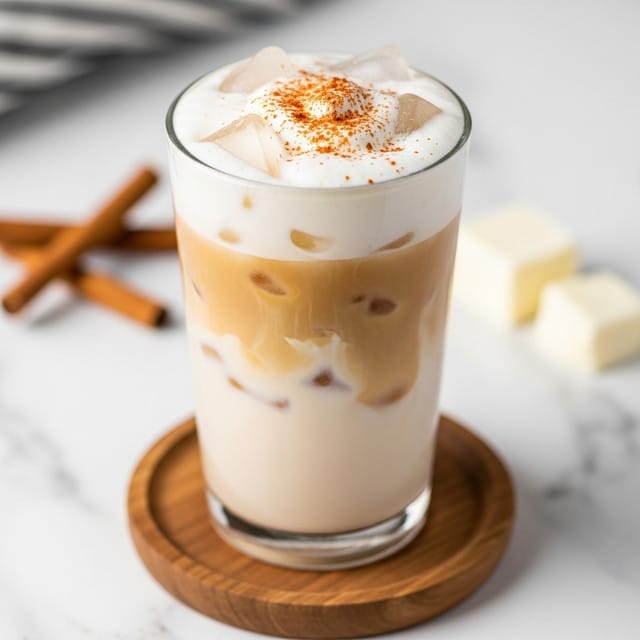 A tall clear glass filled with a creamy light beige drink showing three main layers: a thick bottom layer of smooth light beige liquid, a middle layer that is slightly lighter with a frothy texture, and a top layer of foamy white cream with ice cubes peeking through. The foam on top is sprinkled with a fine dusting of reddish-brown spice, adding a pop of color. The glass is placed on a wooden coaster, with blurred cinnamon sticks and a small chunk of cream nearby, all set against a white marbled surface. photo taken with an iphone --ar 4:5 --v 7