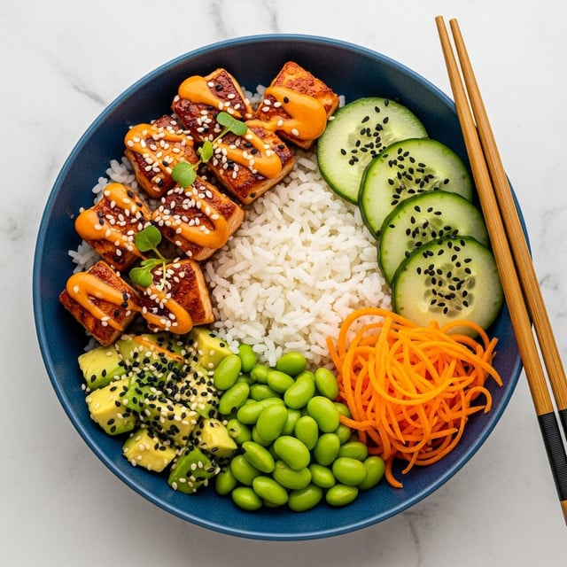 The dish is served in a round white bowl with a blue textured inside, placed on a white marbled surface. It has a base layer of white rice on one half of the bowl. At the top center on the rice are seven pieces of grilled salmon with a reddish-brown color, topped with white sesame seeds and a drizzle of orange sauce. To the right of the salmon, there are six thin slices of cucumber sprinkled with black sesame seeds, arranged in an overlapping row. Below the cucumber on the right side is a small mound of shredded bright orange carrots. To the lower left of the carrots, there is a pile of green edamame beans. Above the edamame and below the salmon on the left side, there are light green, cubed avocado pieces also topped with black sesame seeds. Two wooden chopsticks rest on the bottom left edge of the bowl. photo taken with an iphone --ar 4:5 --v 7