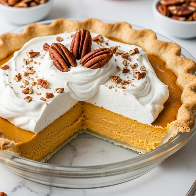 A close-up of a sliced pumpkin pie in a clear glass pie dish, showing a golden, flaky crust with a slightly ruffled edge. The middle layer is smooth, bright orange pumpkin filling with a creamy texture. On top, there is a thick dollop of white whipped cream, decorated with three whole pecan halves and sprinkled with small pieces of chopped pecans. The pie is set on a white marbled surface with small bowls of pecans blurred in the background. photo taken with an iphone --ar 4:5 --v 7