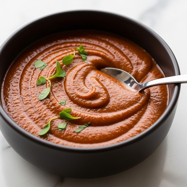 A close-up view of a round dark brown bowl filled with smooth, deep reddish-brown sauce that has a slightly glossy surface. Small green herb leaves are sprinkled on top, adding a fresh contrast. A shiny metal spoon is partly dipped into the sauce on the right side of the bowl. The bowl sits on a white marbled surface, giving a clean and bright background. photo taken with an iphone --ar 4:5 --v 7