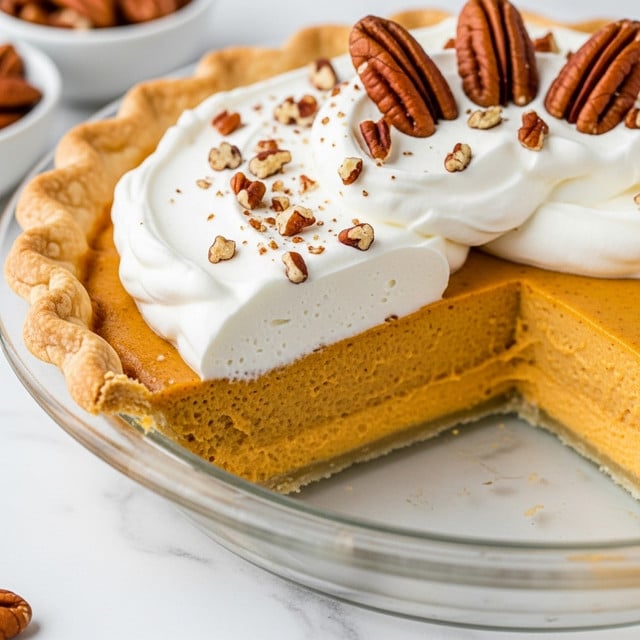 A pumpkin pie with a golden-brown, crimped pastry crust forms the base layer. On top is a smooth, deep orange pumpkin filling, which looks creamy and firm, filling the crust evenly. At the center, there is a generous dollop of white whipped cream with a soft, fluffy texture. Scattered on the whipped cream are several whole and chopped brown pecans, adding a crunchy texture and contrasting color. A slice of the pie is cut out, showing the solid pumpkin filling and flaky crust edges. The pie dish is clear glass set on a white marbled surface. Photo taken with an iphone --ar 4:5 --v 7