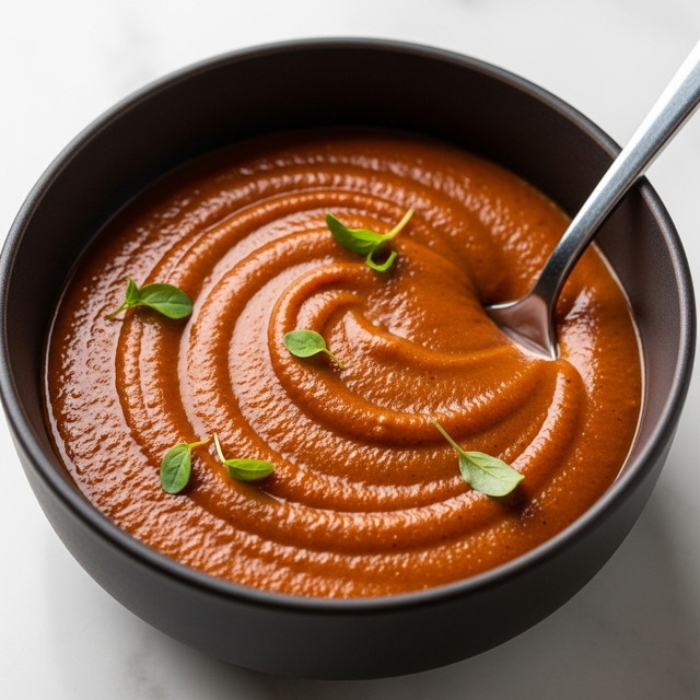 A close-up top view of a dark brown bowl filled with a smooth, rich reddish-brown sauce or soup, with a few small green herb leaves scattered on top, adding a touch of fresh color. A silver spoon is partially dipped into the sauce on the right side of the bowl. The bowl is placed on a white marbled surface that softly contrasts the dark color of the bowl and the vibrant sauce. The sauce has a slightly glossy texture with some small bubbles and specks within it, showing its thickness and seasoning. Photo taken with an iphone --ar 4:5 --v 7