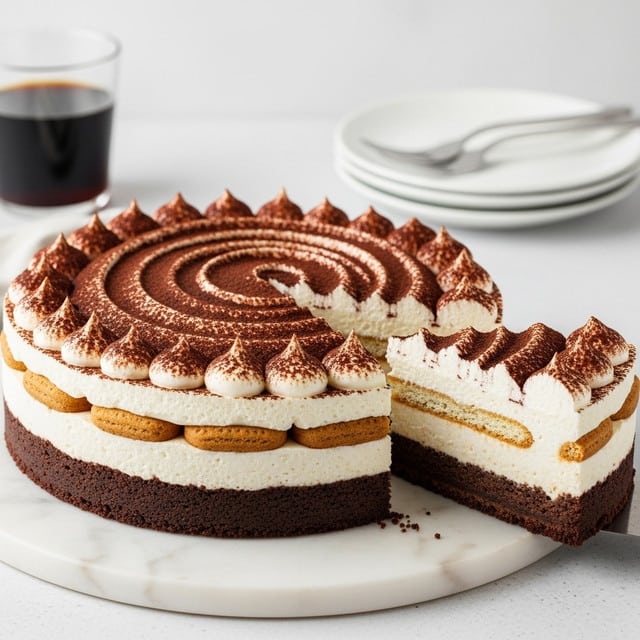 A round dessert with three visible layers sits on a white marbled round board. The bottom layer is a thick, dark brown crust with a firm texture. Above this is a creamy off-white layer with a slightly yellowish tint, containing a middle sub-layer of small light beige cookie pieces. The top layer is a fluffy white cream scattered with swirls and patches of cocoa powder dust, giving a rich brown contrast, with some of the cream pushed aside revealing the layers beneath. In the background, there is a glass of dark coffee, and stacked white plates with two silver forks on top. Photo taken with an iphone --ar 4:5 --v 7