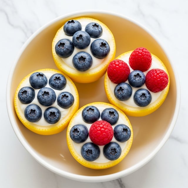 Four hollowed out lemon halves sit in a white bowl on a white marbled surface. Each lemon half has three layers: the bright yellow lemon skin outer layer, a thick white creamy layer filling the inside, and fresh berries on top as the final layer. Two lemon halves hold plump blueberries with their deep blue color and smooth texture, while the other two have one bright red raspberry each along with blueberries, creating a mix of red and blue berries on white cream inside the yellow lemon shells. Photo taken with an iphone --ar 4:5 --v 7
