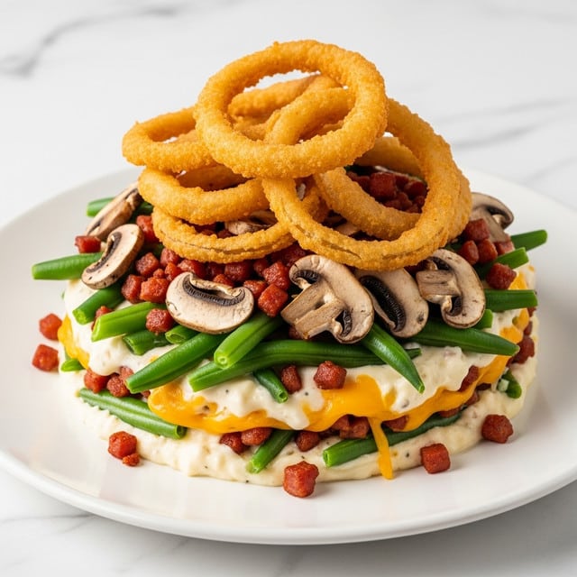 A white plate holds a layered dish starting with a creamy white sauce mixed with melted yellow cheese, topped with green beans and sliced brown mushrooms scattered evenly. On top of this, there are small bits of reddish-brown bacon or meat, and the dish is finished with a generous layer of golden crispy fried onion rings. The background is a white marbled surface. Photo taken with an iphone --ar 4:5 --v 7
