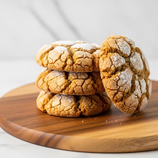 The image shows a stack of three golden brown cookies with a crispy texture on the edges and a soft, chewy center. Each cookie is unevenly shaped with rough, crinkled surfaces dusted lightly with powdered sugar. The cookies are placed on a round wooden board set against a white marbled background. The top cookie leans slightly to one side, creating a natural, casual stack. photo taken with an iphone --ar 4:5 --v 7