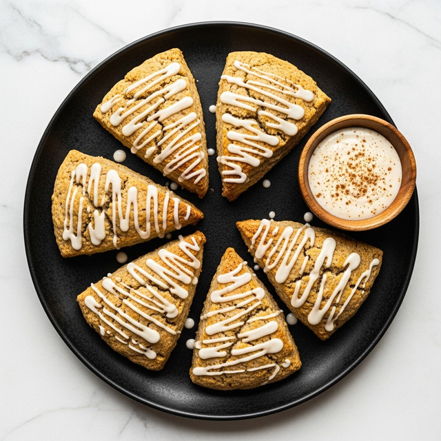 A dark round plate on a white marbled surface holds six triangular scones arranged in a rough circle. The scones are golden-brown in color with a slightly rough texture and are topped with drizzles of white icing, adding a shiny contrast. Near the edge of the plate, there is a small white wooden bowl filled with creamy white sauce sprinkled with a bit of cinnamon or brown spice. The overall look is warm, inviting, and rustic. photo taken with an iphone --ar 4:5 --v 7