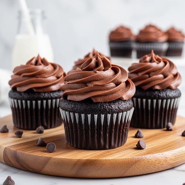 The image shows a close-up of three chocolate cupcakes on a wooden stand, each cupcake layered with a dark brown chocolate base and topped with thick swirls of smooth, rich chocolate frosting in a deep brown color that looks creamy and shiny. The cupcakes sit in dark paper liners with fine vertical ridges, and tiny chocolate chips are scattered on the wooden stand around them. In the blurred background, a white bottle of milk and more cupcakes are softly visible against a white marbled surface. photo taken with an iphone --ar 4:5 --v 7