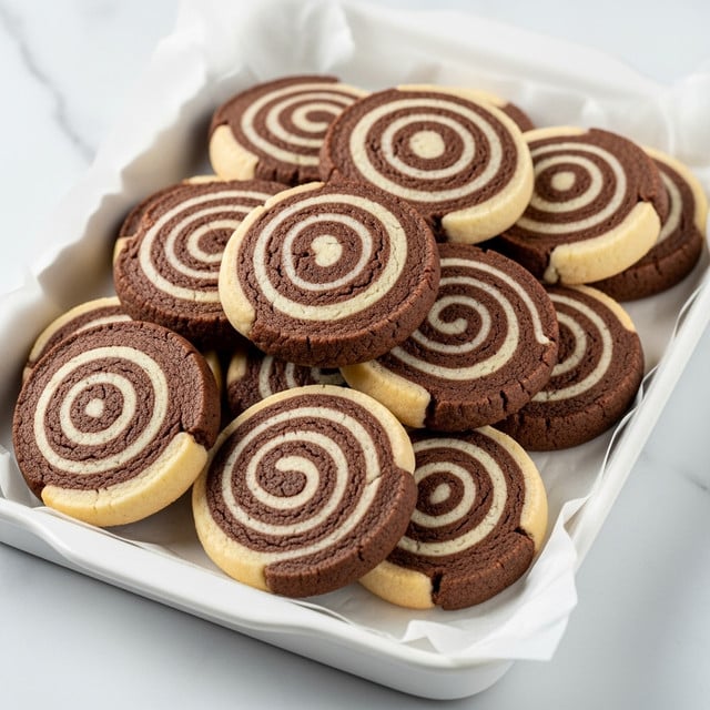 A tray filled with many round pinwheel cookies, each cookie having two visible layers in a tight spiral pattern. The outer layer is a light beige color with a smooth texture, while the inner spiral is a darker brown with a slightly crumbly texture. The cookies are stacked casually inside a white tray lined with parchment paper, showing their thickness and layered swirl design clearly. The whole tray rests on a white marbled surface, creating a clean and simple background. photo taken with an iphone --ar 4:5 --v 7