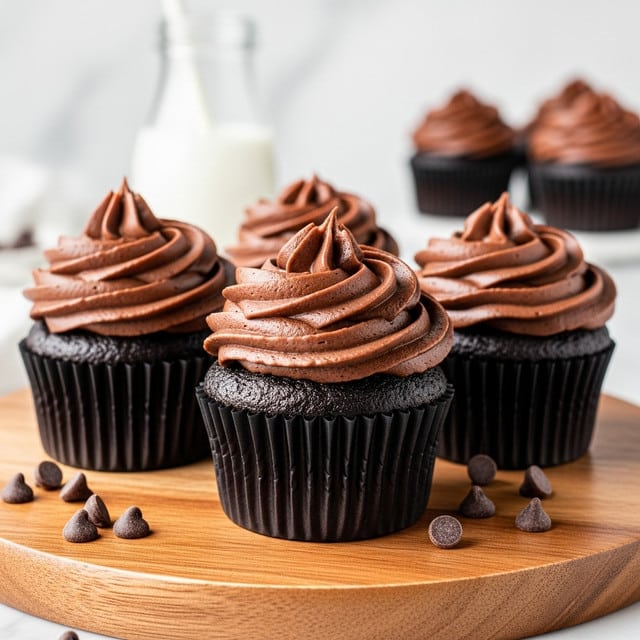 The image shows four rich chocolate cupcakes placed closely on a round wooden stand. Each cupcake has a thick, smooth swirl of dark chocolate frosting on top with a shiny texture, creating three visible layers. The cupcake base is deep dark brown with vertical ridges from the black paper liners. The background is soft and blurred, featuring a white marbled texture and a glass bottle of milk that adds a contrasting light color. The entire scene looks warm and inviting, focusing on the detailed texture of the chocolate frosting and cupcake surface. photo taken with an iphone --ar 4:5 --v 7