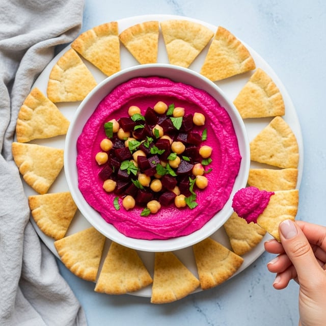 A white bowl filled with bright pink creamy beet hummus topped with small chickpeas, diced dark red beets, and chopped green herbs in the center. The bowl is surrounded by several triangular pita chips arranged in a circle on a white marbled surface. A woman's hand holds one pita chip dipped with a thick scoop of the pink hummus in the lower right corner. The background is a soft blue color with a light gray cloth partially visible in the bottom left corner. photo taken with an iphone --ar 4:5 --v 7
