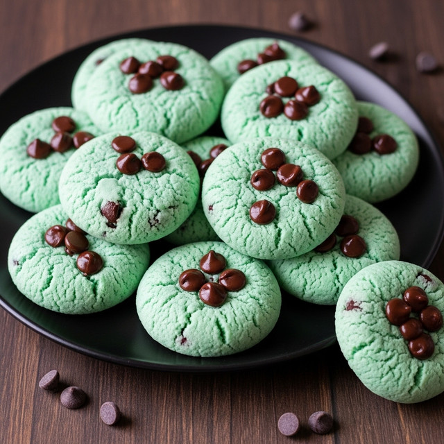 A black round plate holds a pile of soft, round mint green cookies with dark chocolate chips spread on the surface and embedded inside. The cookies show slight cracks and gentle texture with some chocolate chips on top shining softly. The plate sits on a dark wooden surface with a few loose chocolate chips and one cookie slightly off the plate on the side. The overall look is cozy and inviting. Photo taken with an iphone --ar 4:5 --v 7