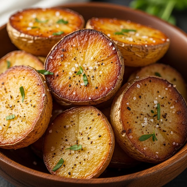A close-up of a dark wooden bowl filled with golden-brown, roasted potato pieces, each piece showing a crispy, slightly charred texture with specks of seasoning and coarse salt on the surface. The potatoes are irregularly shaped, stacked closely inside the bowl, and topped with small green herb sprigs, adding a fresh contrast to the warm tones. The background is softly blurred, emphasizing the roasted potatoes' texture and colors. photo taken with an iphone --ar 4:5 --v 7