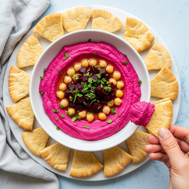 A white bowl filled with bright pink beet hummus, smooth and creamy in texture, topped with small pieces of dark red beet, pale yellow chickpeas, and sprinkled green chopped herbs. The bowl sits on a white marbled surface, surrounded by triangular white pita chips arranged around it. A woman's hand is holding one pita chip dipped with a thick scoop of the pink hummus. Photo taken with an iphone --ar 4:5 --v 7