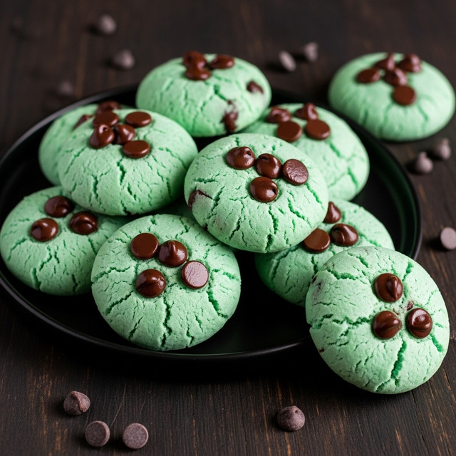 A stack of nine round, light green cookies with dark brown chocolate chips spread evenly throughout, placed on a white plate with a black rim. The cookies have a soft, slightly wrinkled texture with a few chocolate chips sitting on top of each cookie. The plate is set on a white marbled surface with scattered chocolate chips around the plate and a couple of extra cookies partially visible at the edges. photo taken with an iphone --ar 4:5 --v 7