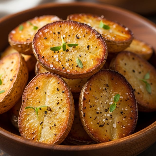 A wooden bowl filled with golden brown, crispy roasted potatoes layered closely together, each piece showing a crunchy, slightly charred texture with darker brown edges. Sprigs of fresh green herbs, likely thyme, are scattered on top and among the potatoes, adding a touch of color and freshness. The bowl sits on a soft, warm light with a blurred brown background. photo taken with an iphone --ar 4:5 --v 7