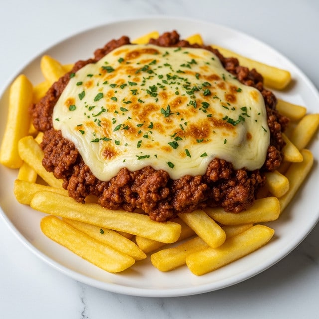 A white round plate holds a serving of golden yellow French fries as the bottom layer, arranged with some fries sticking out around the edges. On top, there is a layer of chunky brown meat sauce that partly covers the fries. The top layer is a smooth, melted layer of creamy light yellow cheese with some browned spots, sprinkled evenly with small green herb pieces. The plate is set on a white marbled surface, and soft light highlights the textures and colors of the dish. photo taken with an iphone --ar 4:5 --v 7
