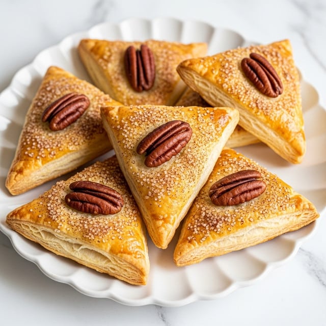 A white scalloped plate holds several golden-brown triangular pastries stacked in a slightly overlapping way. Each pastry has a flaky, layered texture with a shiny, sugar-coated surface sprinkled lightly with cinnamon or brown sugar. On top of every triangle is a single glossy, whole pecan nut placed near the center. The plate is set on a white marbled surface with soft natural light highlighting the warm tones of the pastries. photo taken with an iphone --ar 4:5 --v 7