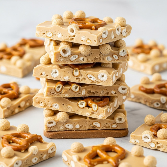 A close-up view of a stack of five thick white chocolate bark pieces on a white marbled surface, each piece filled with light brown crunchy cereal balls and small pretzel chunks scattered on top and inside. The bark pieces have a creamy, smooth texture with visible cracks and uneven edges, giving a homemade look. Surrounding the stack are more broken pieces of the same bark, adding depth to the image. photo taken with an iphone --ar 4:5 --v 7