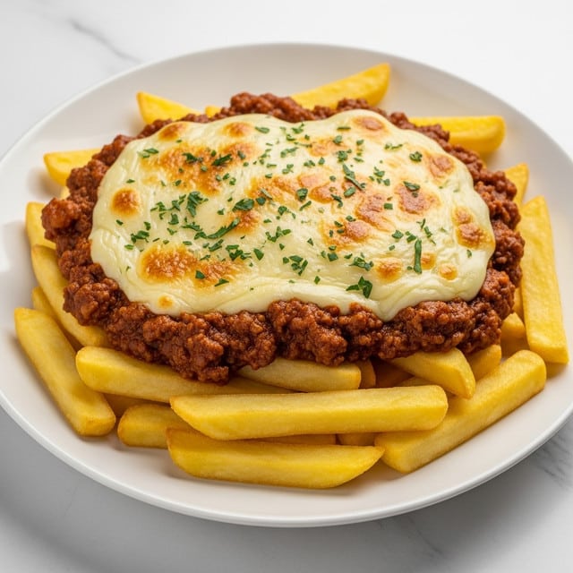 A white plate holds a stack of light golden French fries arranged in a loose layer, topped with a thick, chunky reddish-brown meat sauce spread evenly over the fries. On top of the sauce is a layer of melted yellow cheese that has slightly browned in spots, creating a smooth and glossy texture. The cheese is sprinkled with finely chopped green herbs, adding a fresh contrast to the warm colors below. The edges of the fries peek out around the cheese, and the whole dish sits on a white marbled surface. photo taken with an iphone --ar 4:5 --v 7