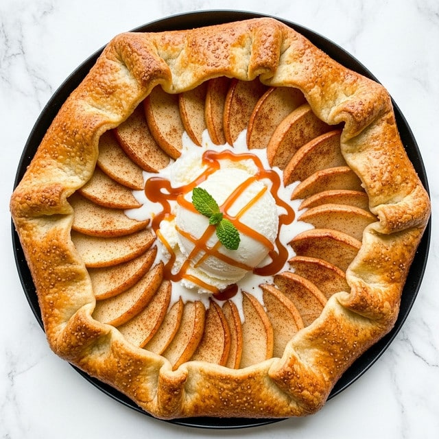 A golden brown rustic apple galette with a thick, flaky crust envelops a layer of soft, cinnamon-spiced apple slices arranged in a slightly overlapping pattern. At the center, a scoop of melting white vanilla ice cream rests on top of a drizzle of amber caramel sauce, garnished with a small green mint leaf. The galette sits on a black pan, placed on a background with a white marbled texture. photo taken with an iphone --ar 4:5 --v 7