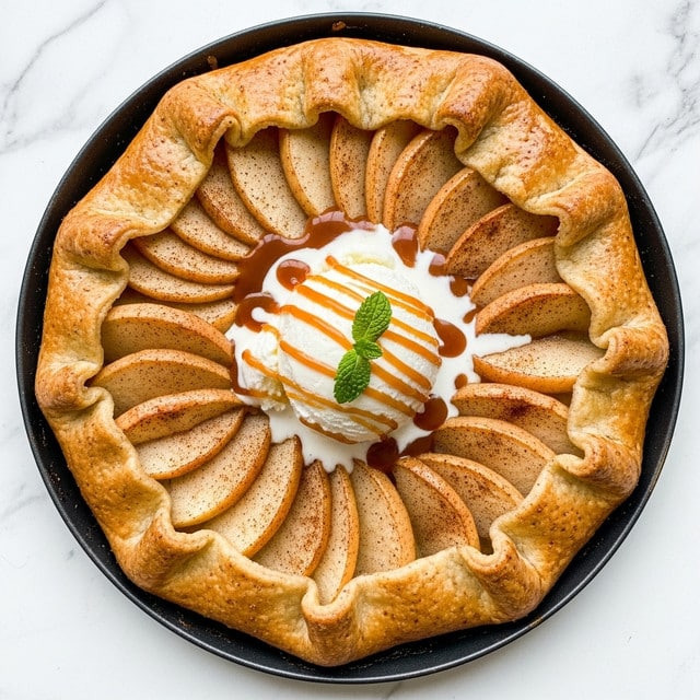 A round rustic apple galette with a thick, golden-brown crust that is folded over the edges of thinly sliced apple layers inside. The apple slices are light brown with a soft, cooked texture, arranged in a slightly overlapping circular pattern filling the center. On top, there is a scoop of white ice cream drizzled with caramel sauce and a small green mint leaf garnish. The galette is placed on a black pan, sitting on a white marbled surface. Photo taken with an iphone --ar 4:5 --v 7