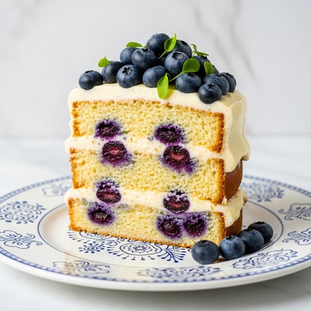 A three-layer slice of blueberry cake sits on a white plate with a blue pattern, placed on a white marbled surface. Each layer of the cake is light golden with visible blueberries inside, showing juicy dark purple spots throughout the soft crumb. Between each cake layer is a smooth, creamy light yellow filling that also covers the top. The top is decorated with a pile of fresh, plump blueberries and a small green herb sprig, along with a small piece of lemon partially visible behind the blueberries. The cake has a moist and tender texture, with the creamy filling slightly glossy. Photo taken with an iphone --ar 4:5 --v 7