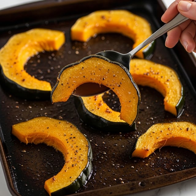 The image shows several slices of roasted acorn squash on a dark baking tray with a slightly shiny texture showing caramelized edges. Each slice is curved like a crescent and has a two-tone color: the outer skin is deep greenish black, while the inner flesh is bright orange with a glazed, slightly crispy surface from roasting. In the foreground, a spoon held by a woman’s hand lifts one slice, highlighting the glossy, tender orange flesh contrasted with the dark skin edge. The background is a white marbled surface. Photo taken with an iphone --ar 4:5 --v 7