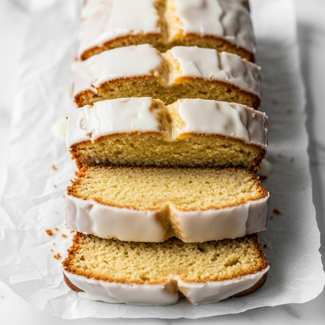 A loaf of pound cake is sliced into six thick pieces and stacked closely in a row on crumpled parchment paper placed on a white marbled textured surface. Each slice has a golden brown crust with a pale yellow, moist interior showing a dense crumb texture. The top of each slice is coated with a smooth, white glaze that lightly drips down the sides, giving a shiny, slightly uneven finish. The glaze appears thin but well spread, sitting on the flat top edge of every slice. photo taken with an iphone --ar 4:5 --v 7