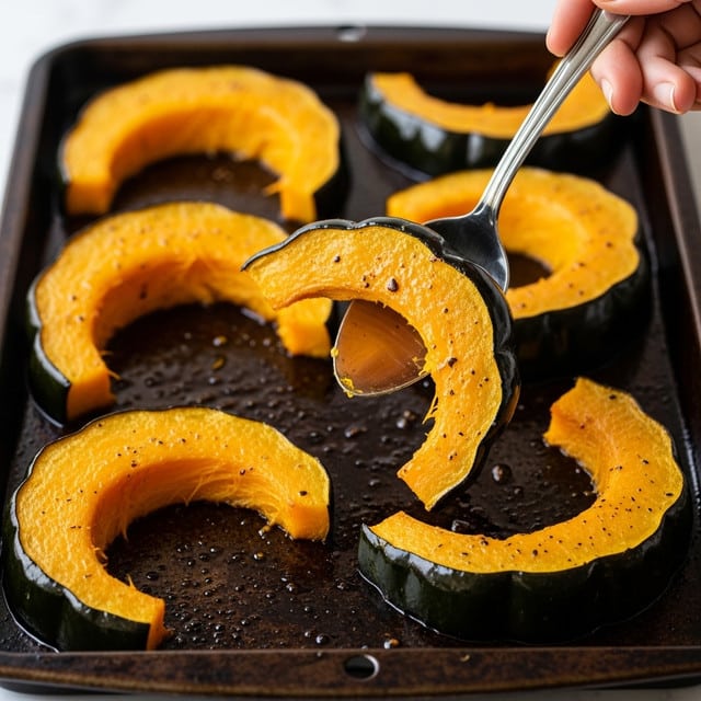 A close-up of several roasted pumpkin slices arranged on a black baking tray, each slice showing a rich golden-orange color with a slightly charred, crispy brown edge and dark green skin still attached. The pumpkin flesh looks soft and moist with glossy oil glaze visible on the surface. A spoon held by a woman's hand is lifting one curved pumpkin slice, highlighting its tender and juicy texture. The background includes a white marbled texture. photo taken with an iphone --ar 4:5 --v 7