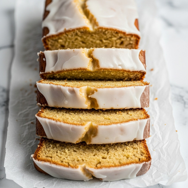 A row of six slices of moist pound cake with a pale golden inside and a slightly darker brown crust, each slice topped with a smooth, shiny white glaze that drips down the sides. The cake slices are stacked closely on crumpled parchment paper laying on a white marbled surface. The glaze appears creamy and glossy, adding a textured contrast to the soft, dense cake. The edges of the glaze have slight imperfections where it has spread unevenly on the sides of the cake. Photo taken with an iphone --ar 4:5 --v 7