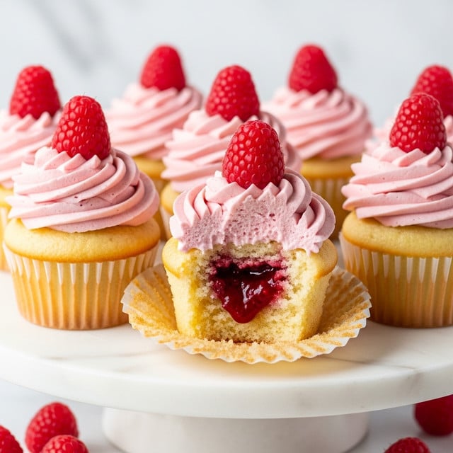 A group of cupcakes is arranged on a white marble cake stand with a smooth surface. Each cupcake has a light golden base with a soft, fluffy texture, topped with a thick swirl of bright pink frosting that looks creamy and rich. The frosting is decorated with a single fresh raspberry placed on top. One cupcake in the front has a bite taken out of it, showing a deep red raspberry filling inside the middle of the golden cake, adding a contrasting moist texture. Around the cake stand, loose fresh raspberries lie scattered, enhancing the fresh and fruity theme. The background has a soft focus with a white marbled texture, making the cupcakes the main focus. photo taken with an iphone --ar 4:5 --v 7