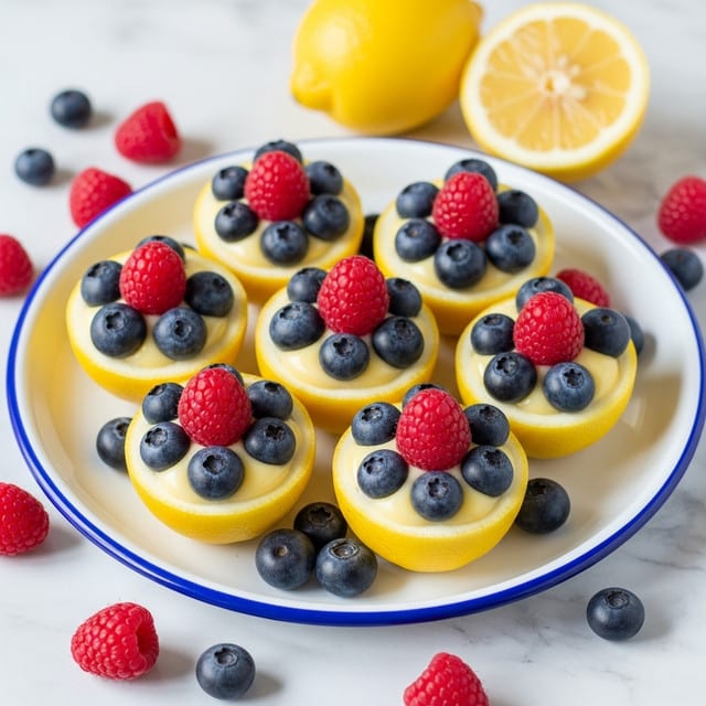 A white plate with a blue rim holds eight lemon halves filled with smooth, pale yellow lemon curd. Each lemon half is topped with a bright red raspberry surrounded by three or four plump, dark blue blueberries. Around the plate and on the white marbled surface are scattered extra raspberries and blueberries. Two lemon halves with visible seeds sit at the back of the plate. The colors contrast well with the shiny, vibrant fruit and the matte texture of the lemon rind. photo taken with an iphone --ar 4:5 --v 7