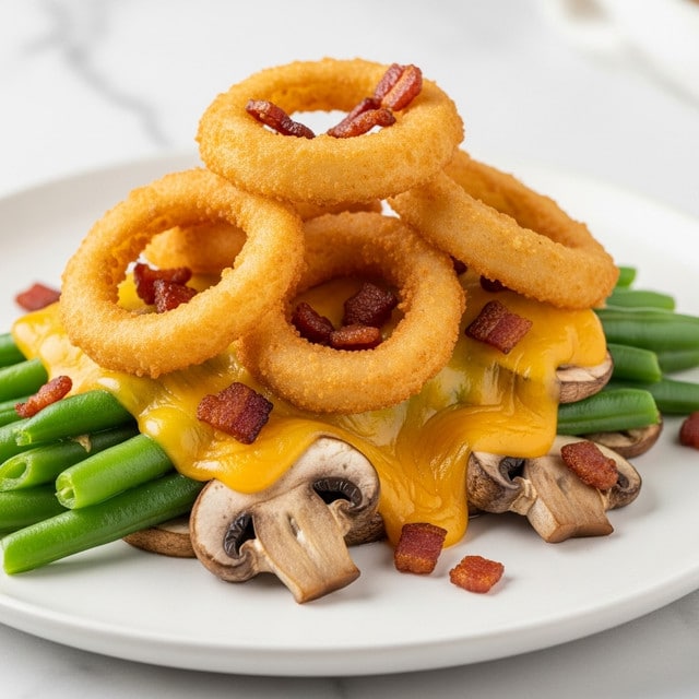 A close-up of a dish served on a white plate with a white marbled surface in the background, showing layers starting with green beans and sliced mushrooms covered by a creamy cheese sauce with yellow cheddar melted into it, topped with crispy golden fried onion rings and small bits of browned bacon scattered over the top. photo taken with an iphone --ar 4:5 --v 7
