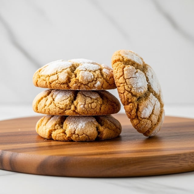 A pyramid stack of round, golden brown cookies with a rough texture and slightly cracked tops lightly dusted with white powdered sugar rests on a wooden slice board. The cookies appear fluffy with a soft crumb and edges that are crisp and browned. The background is dark and blurred, while the wooden surface beneath has a natural, rustic look. photo taken with an iphone --ar 4:5 --v 7