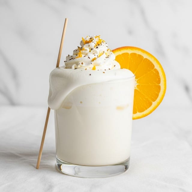 A clear glass filled with a creamy white drink that has a frothy foam layer on top, sprinkled with small brown specks and yellow zest. Two thin orange slices are placed partially inside the foam at the edge of the glass, adding a pop of bright color. A wooden spoon leans against the glass, which sits on a white cloth over a white marbled textured surface. The overall look is simple and fresh, with soft, natural lighting. photo taken with an iphone --ar 4:5 --v 7
