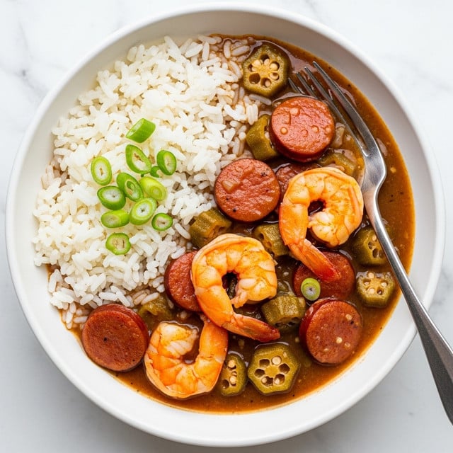 A white round plate sits on a white marbled surface holding a serving of shrimp and sausage gumbo with white rice. The dish has a base layer of reddish-brown gumbo broth, mixed with chunks of sliced brownish-orange sausage, shrimp with orange-pink shells, and green okra pieces. The gumbo fills roughly two-thirds of the plate and is topped with bright green sliced scallion pieces that add a fresh touch. The remaining third of the plate is filled with fluffy white rice. A silver fork rests on the edge of the plate. photo taken with an iphone --ar 4:5 --v 7