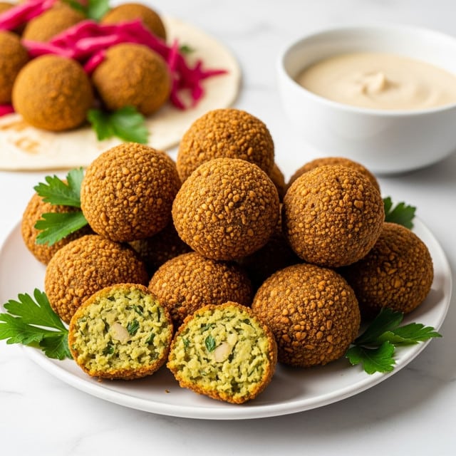 A pile of round, golden-brown falafel balls with a rough, crunchy texture sits in the middle of a white plate with patterned edges, garnished with a few green parsley leaves underneath. Two falafel balls at the top are cut in half, revealing a moist, green and yellow-speckled inside filled with chopped herbs and chickpeas. In the blurry background, a white bowl of creamy tahini sauce and a white pita wrap filled with vibrant red cabbage and falafel can be seen on a white marbled surface. photo taken with an iphone --ar 4:5 --v 7