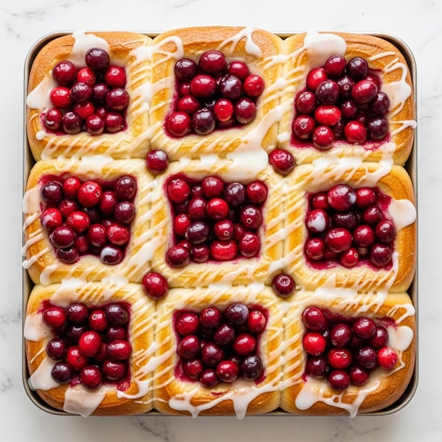 A close-up of a baked dish in a rectangular metal pan showing about four layers of soft, golden-brown bread pulled apart in squares, each piece topped lightly with white glaze dripping down the edges. Scattered across the top are many shiny red and dark red berries, adding vibrant color and contrast against the warm bread. The bread looks fluffy and slightly glossy from the glaze, while the berries appear fresh and juicy, sitting on top and in between the bread pieces. The overall look is warm and inviting, with a mix of smooth glaze, soft bread, and bright berries on a white marbled texture background. photo taken with an iphone --ar 4:5 --v 7