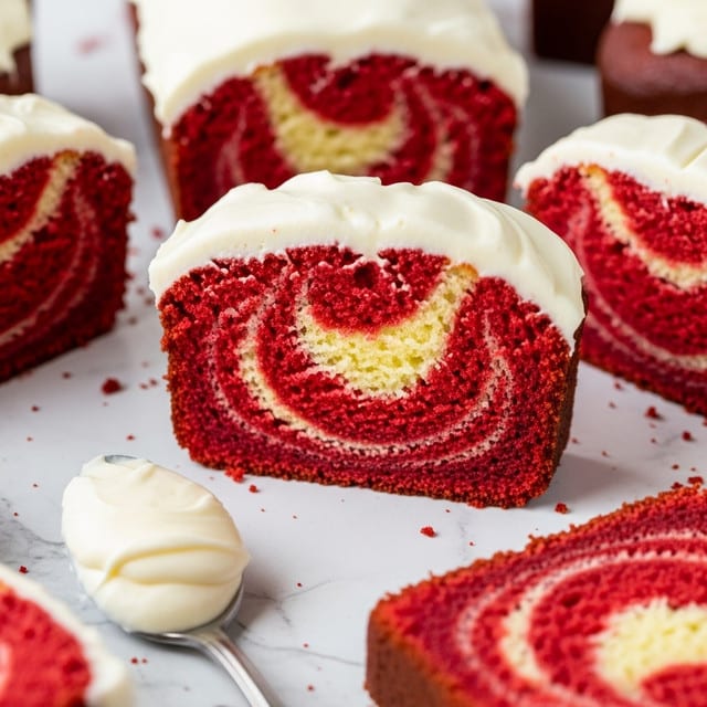 The image shows a close-up of a slice of two-layered cake with a marbled red and white pattern inside, where the red and white colors twist together forming a swirl texture. The cake has a thick, smooth white frosting layer on top with a creamy texture. Around the slice, there are several crumb bits on a white marbled textured surface. A silver spoon with white frosting on it is placed below the cake slice. Parts of other similarly patterned cake slices can be seen at the edges of the image. photo taken with an iphone --ar 4:5 --v 7