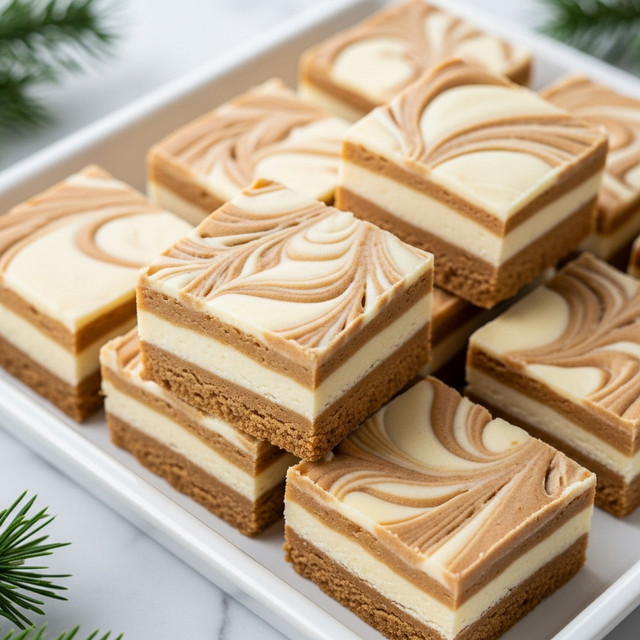 Several square pieces of marbled fudge are stacked randomly in a single layer inside a white rectangular tray. Each fudge piece shows a creamy beige base swirled with darker caramel-colored streaks, creating a smooth, wavy pattern on the top and sides. The fudge has a soft texture with some slight crumbles visible on a few edges. The tray sits on a dark wood surface partially visible around the edges with some green pine needles peeking in from the corners. Photo taken with an iphone --ar 4:5 --v 7